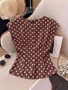 SHEIN Frenchy 优雅休闲通勤波点印花短袖衬衫 - 棕色 - 查看 2