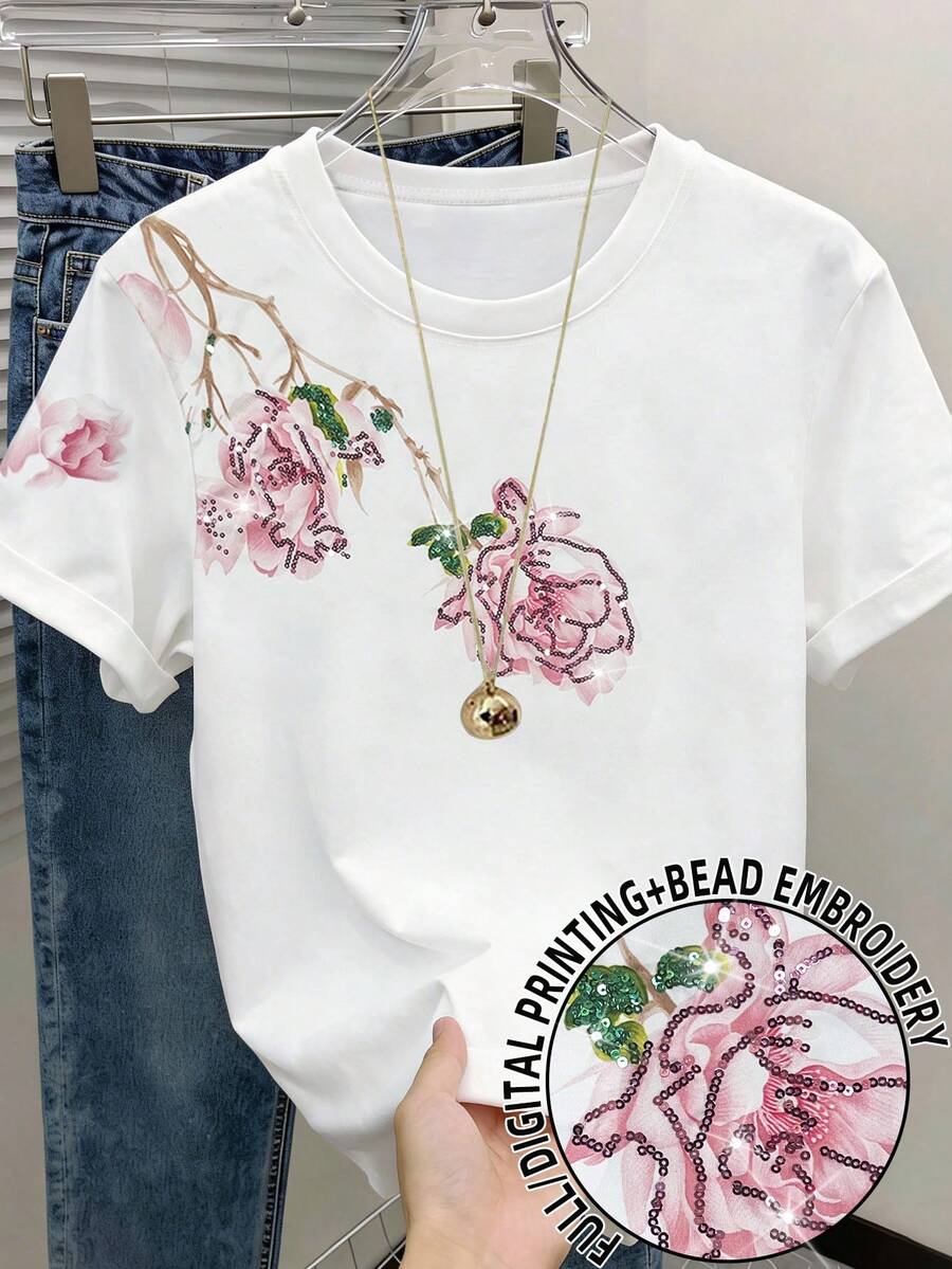 SHEIN Summer Fashion Heavy Sequin Embroidered Flower Pattern Short-Sleeved T-Shirt For Women - Versatile And Elegant Top Date Night Pink And White - Multicolor - View 1