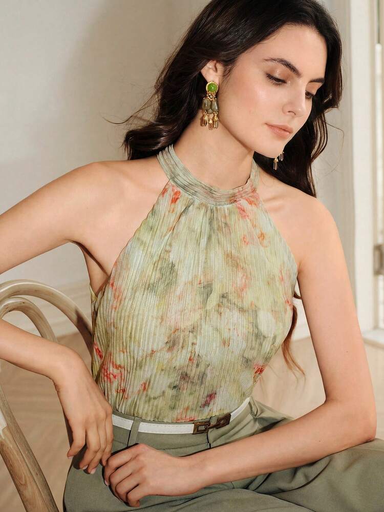 Women's Elegant Pleated Tie Dye Floral Blouse