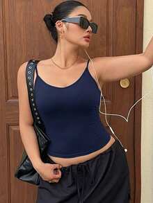 Dazy Plus Solid Color Elastic Fitted Cropped Camisole, Spring/Summer - Navy Blue - View 5