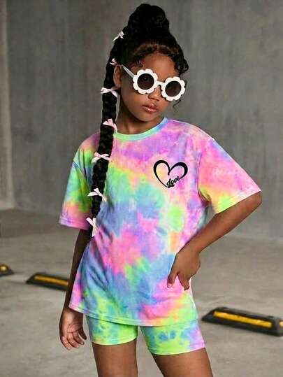 2pcs Tween Girls Casual Cartoon Print Short Sleeve T-Shirt And Shorts Set, Suitable For Summer