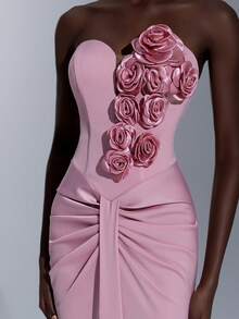 Elitara Elegant Luxurious 3D Floral Sexy Strapless Mermaid Ruched Dress For Formal - Mauve Purple - View 1