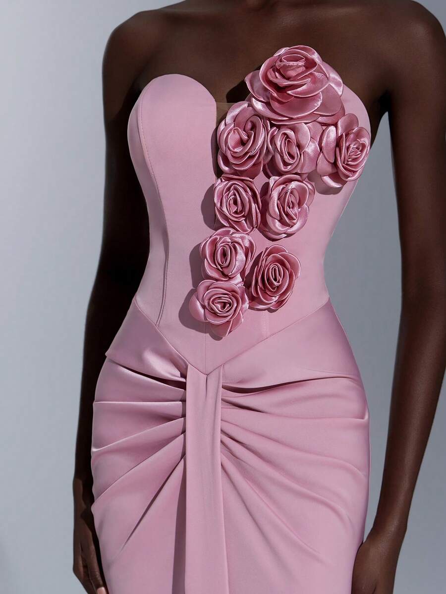 Elitara Elegant Luxurious 3D Floral Sexy Strapless Mermaid Ruched Dress For Formal - Mauve Purple - View 1
