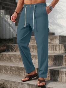 VENTUSAIL Pantalones largos de lino para hombre, color liso, cintura con cordón, corte cónico, frescos, para salir, otoño, vacaciones - Agua verde azul - Ver 5
