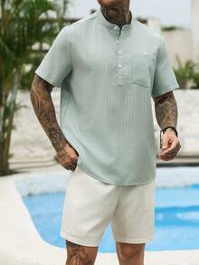 VENTUSAIL 2pcs Men's Front Button Short Sleeve Pocket Top And Shorts Set,Sage Green,Summer,Casual,Holiday,Vacation,Old Money Simple Design For Outdoor Weekend - Multicolor - View 7