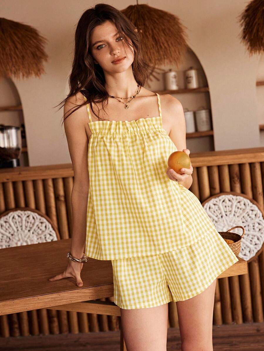 Lullawish Bộ đồ ngủ nữ phong cách Bohemian dáng rộng, kẻ caro, viền bèo nhún, gồm áo hai dây và quần short. - Màu vàng - Xem 1