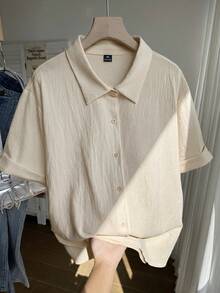 SHEIN Comfortcana Plus Size Casual Solid Color Shirt, Summer - Apricot - View 11