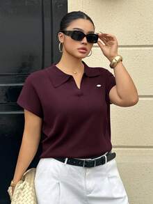 Dazy Plus Blusa de punto holgada de unicolor con cuello medio abierto y manga corta, adecuada para primavera/verano y uso diario, talla grande - Burdeos - Ver 1