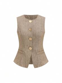 Conjunto de 2 piezas para mujer: Chaleco de metal de un solo pecho y shorts para el verano - Caqui - Ver 8