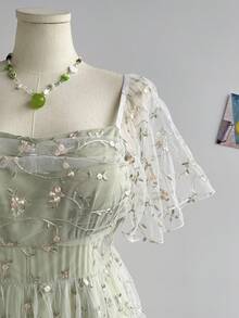 Soleia Vestido verde vintage con bordados y volantes en las mangas, cintura elástica, para mujer talla grande. Vestido casual de verano adecuado para volver al colegio, almuerzos lindos, despedida de soltera - Verde - Ver 3