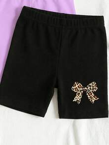 4pcs/Set Girls 4-7Y White Summer Casual Solid Color,Leopard Bow Print Elastic Waist Shorts,Versatile All-Match Bottoms For School,Daily Wear - Multicolor - View 6