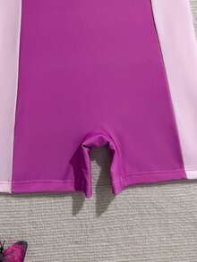 SHEIN Traje de baño de una pieza con mangas raglán y cremallera en la espalda, con bloques de color, adecuado para surf, deportes, verano, playa, piscina, vacaciones, para niñas preadolescentes - Púrpura malva - Ver 4