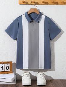 SHEIN 男童短袖 Polo 衫，大童撞色半拉链领 T 恤，大童休闲上衣 - 霧霾藍 - 查看 4