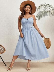 SHEIN LUNE Plus Size Women Blue And White Stripe Shirred Holiday Tie-Up Boho Camisole Dress Summer Vacation Beach Vacation Vacation Beach Vacation - Blue and White - View 1