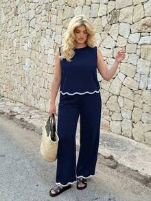 Dripcurv Bộ đồ hai mảnh mùa hè dành cho nữ cỡ lớn, gồm áo tank top đen và quần dài màu xanh navy với viền ren trắng, áo đen, trang phục đi nghỉ hè, trang phục thường ngày cho nữ. - Màu xanh hải quân - Xem 2