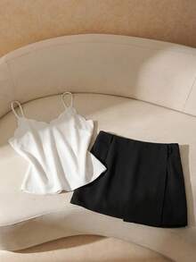Elaquor Plus Size Women 2pcs Set - Solid Color Curved Hem Camisole Top And Shorts - Black and White - View 5