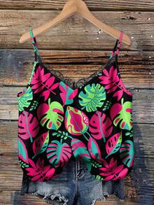 Mellowie Plus Size Women Tropical Textured Floral Contrast Lace Camisole - Multicolor - View 1