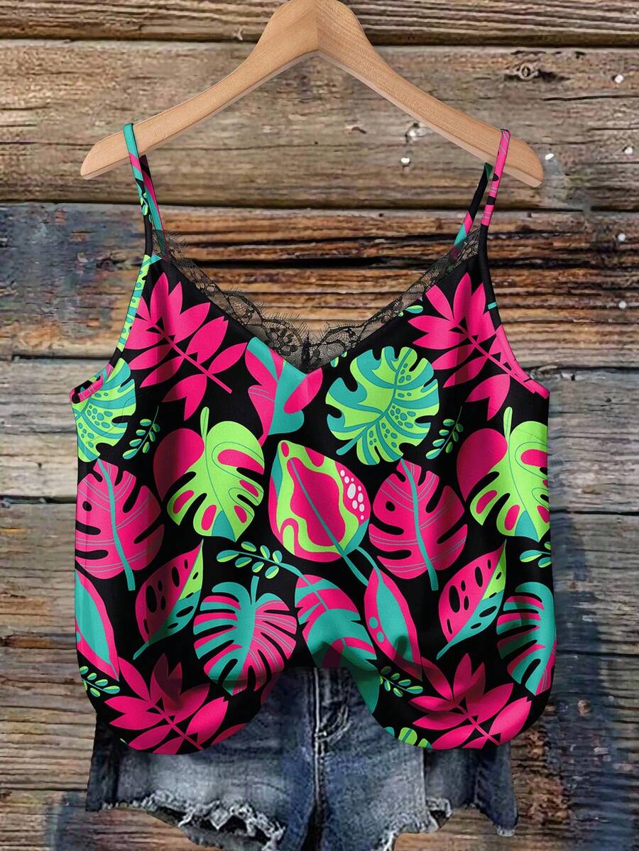 Mellowie Plus Size Women Tropical Textured Floral Contrast Lace Camisole - Multicolor - View 1