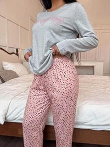 EURMUSE 2pcs/Set 100% Cotton Heart Print Pajama Set - Light Grey - View 6