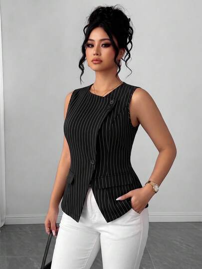 Elenzga Áo blazer nữ cỡ lớn, chất liệu dệt, dáng suông, nhẹ, thanh lịch, tối giản, thích hợp cho công sở, không tay, có túi giả, màu đen trắng kẻ sọc.