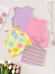 SHEIN Genkimix Kids 4件套 女童夏季休闲纯色吊带背心，带花卉条纹印花露背领口上衣 - 彩色 - 查看 2