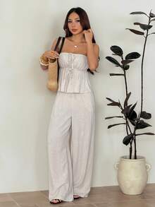 SHEIN PETITE Bộ 2 món áo không tay và quần dài cho nữ, màu trơn, kiểu dáng tối giản, thích hợp cho mùa hè. - Màu be - Xem 6