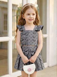 Elladie kids Bộ đồ bé gái (nhỏ) gồm áo croptop hai dây bèo nhún và chân váy xếp ly thắt nơ, trang phục mùa hè ngọt ngào và dễ thương dành cho các bé gái thanh lịch. - Xám - Xem 1