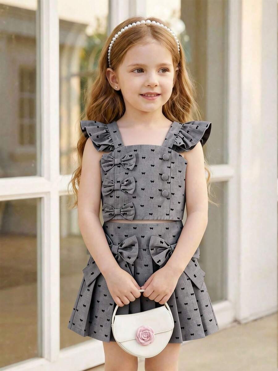 Elladie kids Bộ đồ bé gái (nhỏ) gồm áo croptop hai dây bèo nhún và chân váy xếp ly thắt nơ, trang phục mùa hè ngọt ngào và dễ thương dành cho các bé gái thanh lịch. - Xám - Xem 1