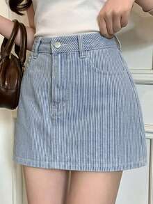 DAZY Chân váy denim ngắn dáng suông kẻ sọc kiểu dáng thường ngày dành cho nữ, thích hợp cho mùa hè. - Rửa nhẹ - Xem 6
