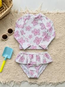 Dazy Kids 适合夏季海滩度假的少女碎花荷叶边长袖上衣和三角比基尼泳装套装 - 粉色 - 查看 4