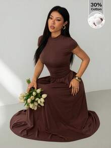 SHEIN PETITE Đầm dài xếp ly cổ đứng tay phồng màu trơn cho nữ, kiểu dáng thường ngày, màu nâu mùa hè, chất liệu cotton pha, thoải mái. - màu nâu - Xem 4