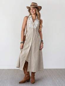 Wildy Women's White Summer Boho Holiday Vacation Dress,Western Country Stripe Embroidered Sleeveless Tie Waist Dress,Casual Beach Vacation Music Festival - Apricot - View 7