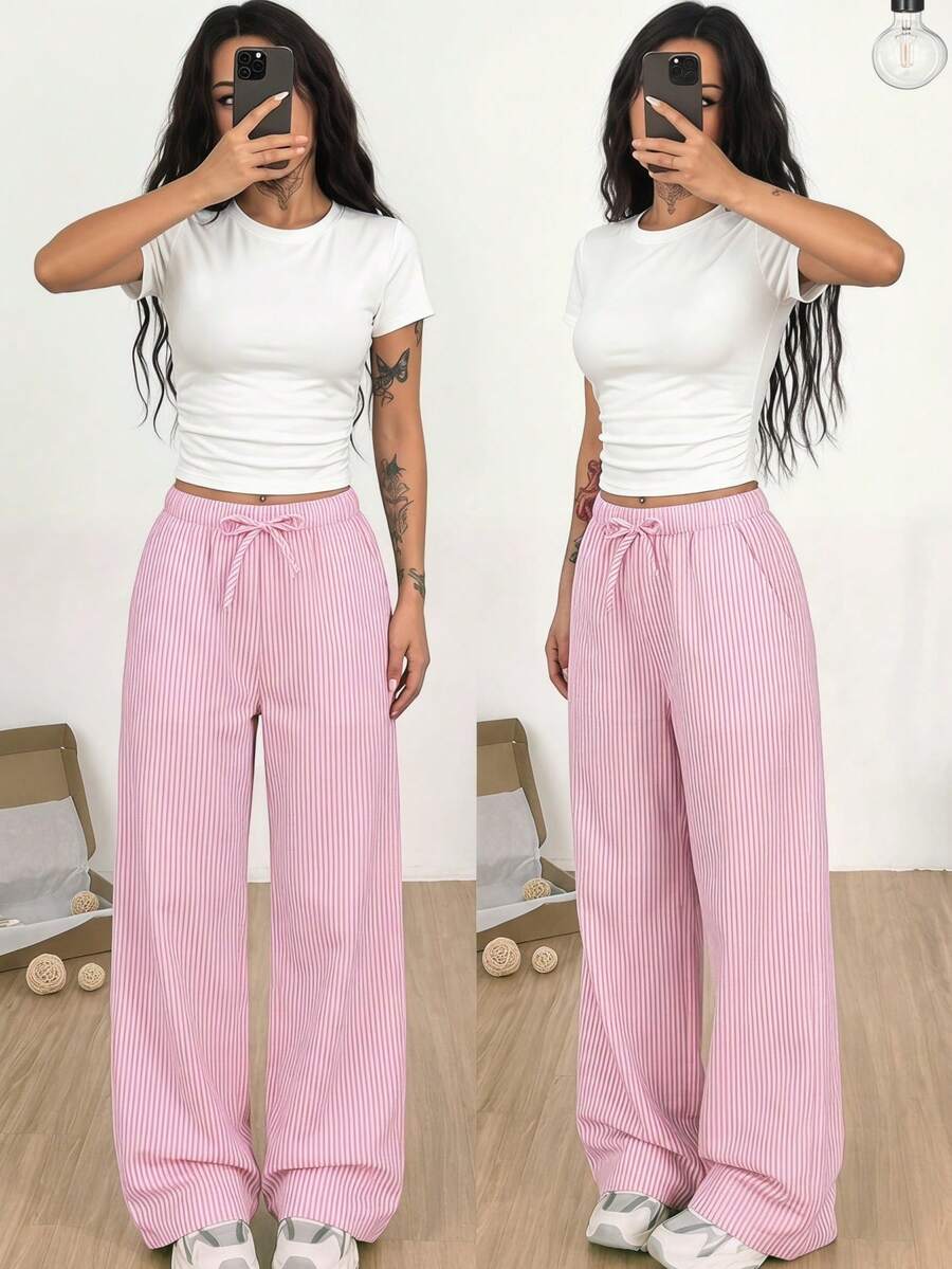 SHEIN 少女休闲日常舒适修身圆领短袖T恤和裤子套装 - 彩色 - 查看 1
