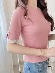 FRIFUL 女士圆领撞色蕾丝短袖休闲T恤 - 粉色 - 查看 2