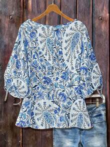 Linhara Camisa de manga corta holgada con estampado floral diminuto, estilo suave y retro - Celeste - Ver 2