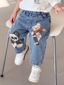 Baby Boy Street-Style Cool Skateboarding Bear Pattern Print Elastic Waist Wide And Comfortable Denim 3/4 Pants - Medium Wash - View 1