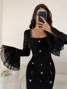Modelyn Petite Women Summer Black Long Sleeve Beaded Chiffon Flare Sleeve A-Line Dress,Elegent Autumn  Square-Neck Rhinestone Maxi Dress Bodycon  Mesh Long Flare - Black - View 5
