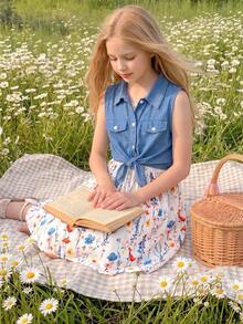 Sparklyn 2pcs Tween Girls Denim Vest + Colorful Floral Print Slip Dress 2-Piece Set, Spring/Summer - Blue - View 4