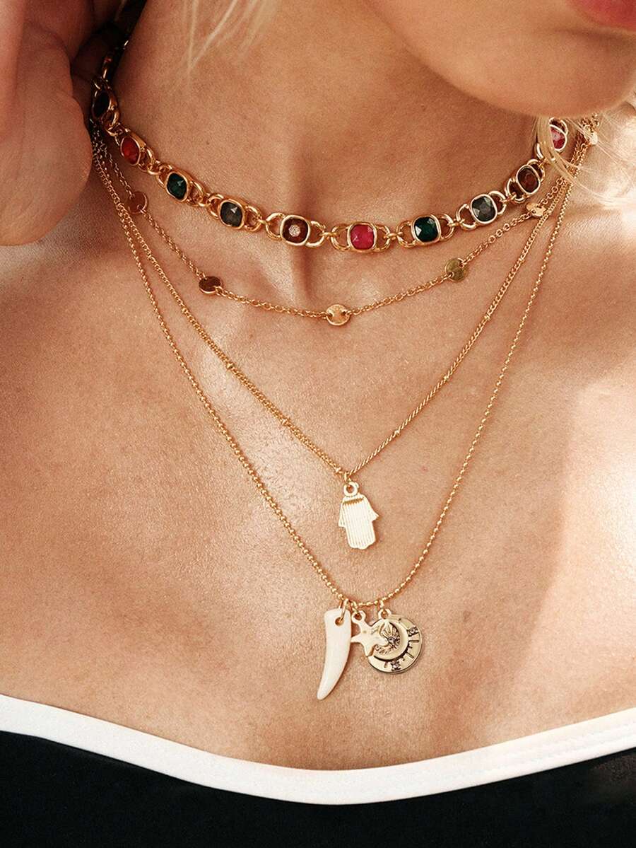 Glisma Retro Elegant Multi-Layer Gold Stacked Devil's Eye & Star And Moon Necklace,Premium/Old Money/Classy,Sexy/Vintage,Summer/Beach/Prom/Party,For Mom/Women/Girl/Mother,Layered/Gemstone/Beaded/Crystals - Gold - View 1