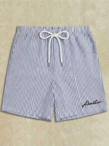 AKNOTIC Men's Casual Letter Print Drawstring Waist Striped Woven Shorts, Summer - Blue - View 4