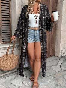 Ceyna Plus Size Women's New Elegant Multi-Color Striped Bohemian Style Colorful Paisley Pattern Open Front Long Sleeve Long Cardigan Outerwear Fall - Black - View 3
