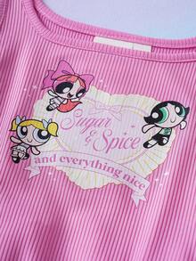 THE POWERPUFF GIRLS X SHEIN Sweet & Cute Ribbed Tank Dress For Young Girls - Pink - View 4