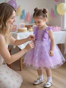 SHEIN Glamorique Kids 女婴公主风3D立体花朵蝴蝶网纱连衣裙，可爱，适合生日派对、婚礼、节日等正式场合，紫色网纱连衣裙 - 紫色 - 查看 4