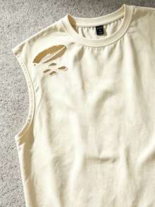 ROMWE MEN 2026 Spring, Summer, Autumn Unisex Casual Sleeveless Top, Distressed Vintage Style Round Neck Tank Top - Apricot - View 4