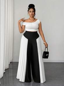 Maweii Plus Size Women's Black & White Contrast Side Pleated High Waist Wide Leg Pants, Spring/Summer Office Commute Casual Trousers,Black Pants,Elegant Dress Women - Black and White - View 2