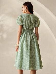 BELROSIE Women's Green Floral Summer Cottage Core Tea Party V-Neck Hollow Embroidery Puff Sleeve Midi Dress,Elegant Vintage Garden Vacation Beach Cardigan - Green - View 6