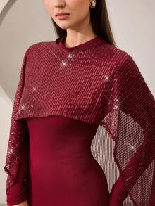 Graceveil Bộ 2 món thanh lịch gồm áo choàng poncho bất đối xứng thêu sequin màu đỏ tía và váy đuôi cá màu đỏ tía. - Màu Đỏ Sâu - Xem 7