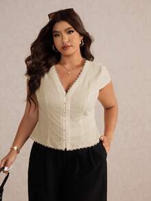 Elaquor Plus Size Women's Solid Color V-Neck Cap Sleeve Single-Breasted Casual Shirt - Apricot - View 5