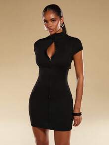 Normani 女士纯色立领拉链前开衩性感迷你连衣裙 - 黑色 - 查看 5