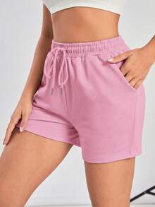Powerista Women's Solid Color Drawstring Waist Pocket Casual Versatile Daily Wear Sports Shorts - Pink - View 2